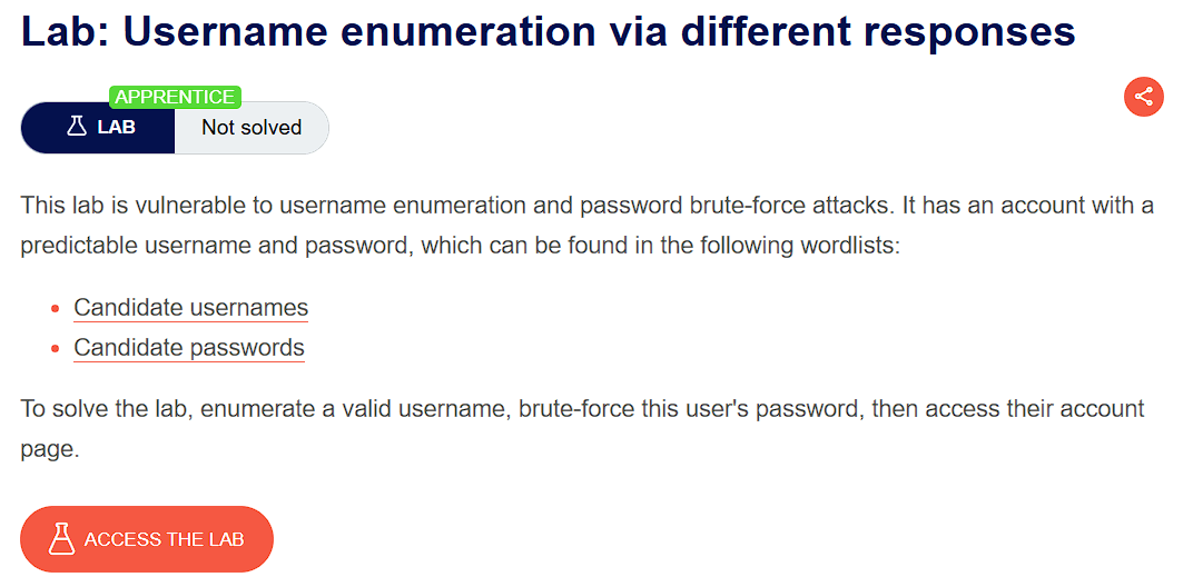 PortSwigger lab description page for Authentication - Username enumeration via different responses