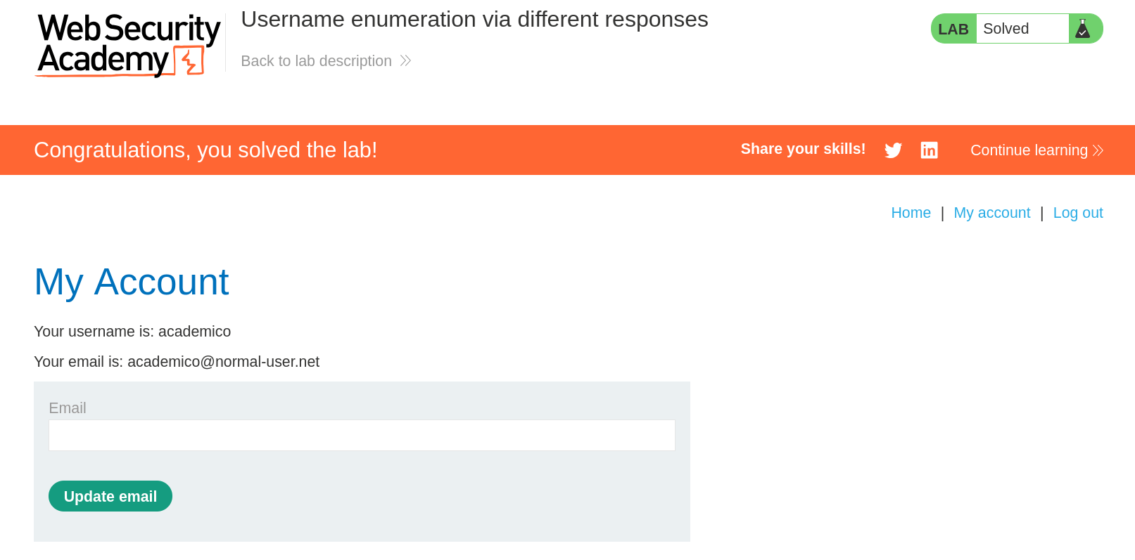 PortSwigger Lab solved confirmation after logging