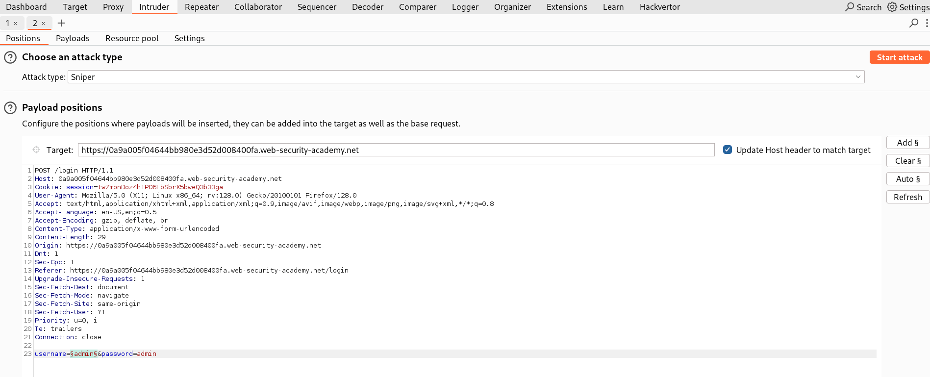 Burpsuite Intuder Tab Screenshot with marker on username value