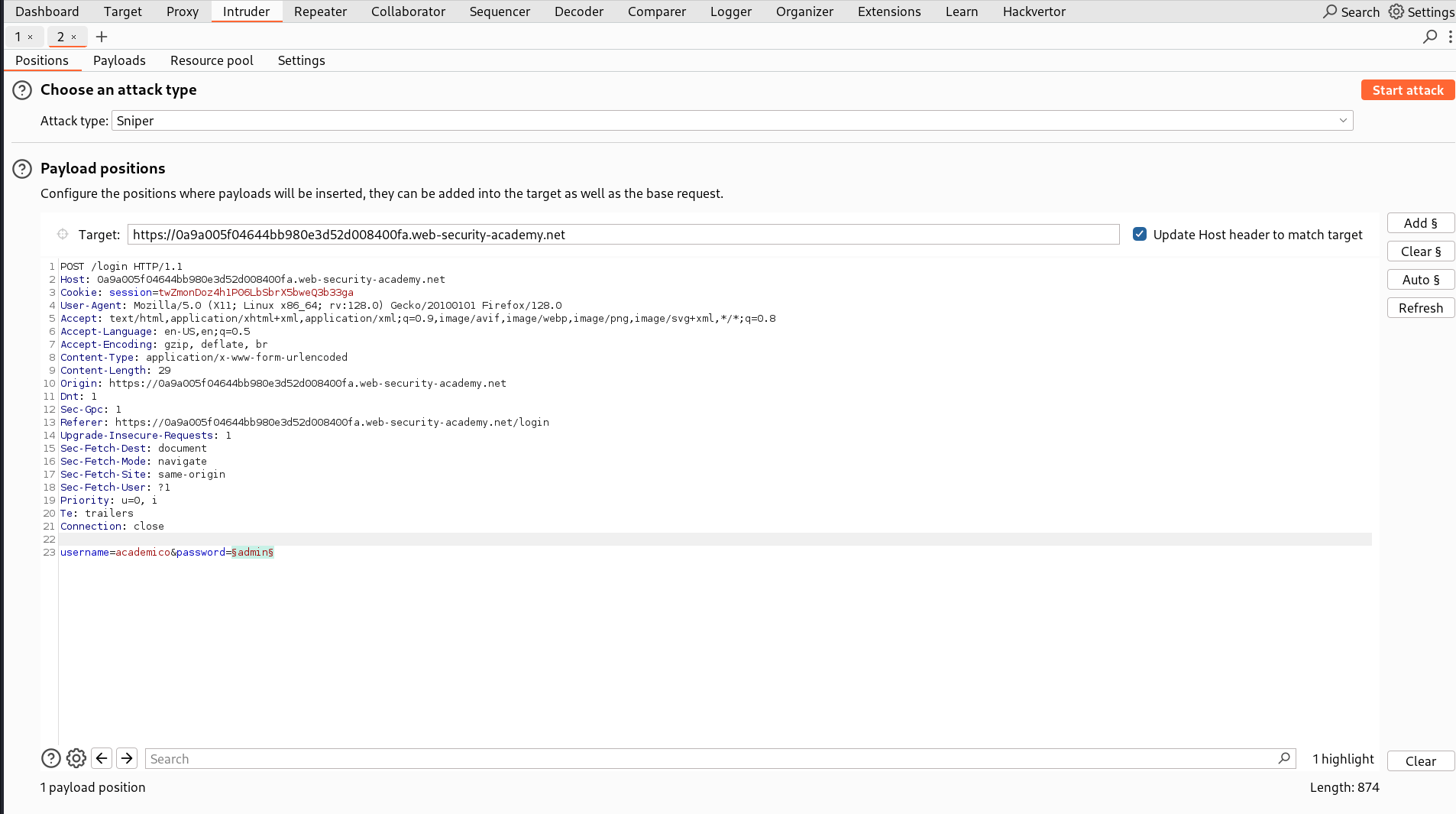 Burpsuite Intuder Tab Screenshot with marker on password value