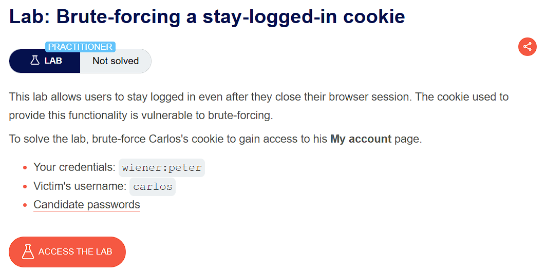 PortSwigger lab description page for Authentication - Brute-forcing a stay-logged-in cookie