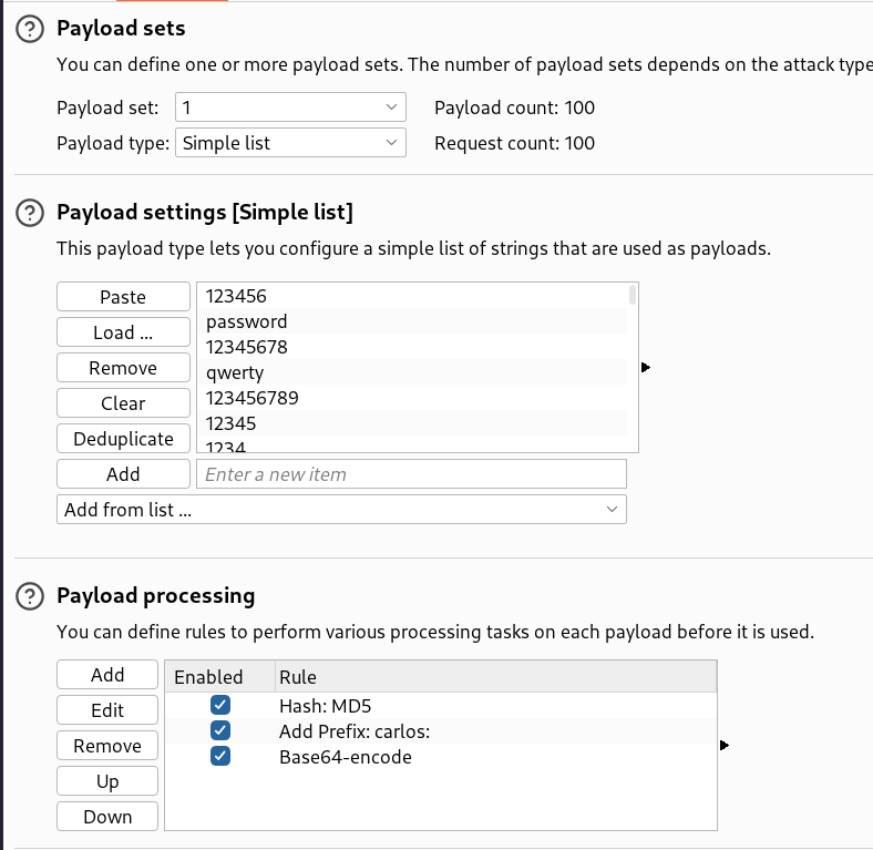 Burpsuite Intruder payload processing rules for MD5 hashing and base64 encoding