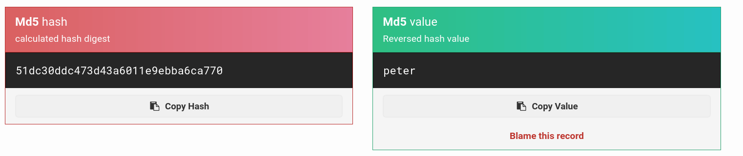 Online MD5 hash lookup showing decoded username and password hash combination