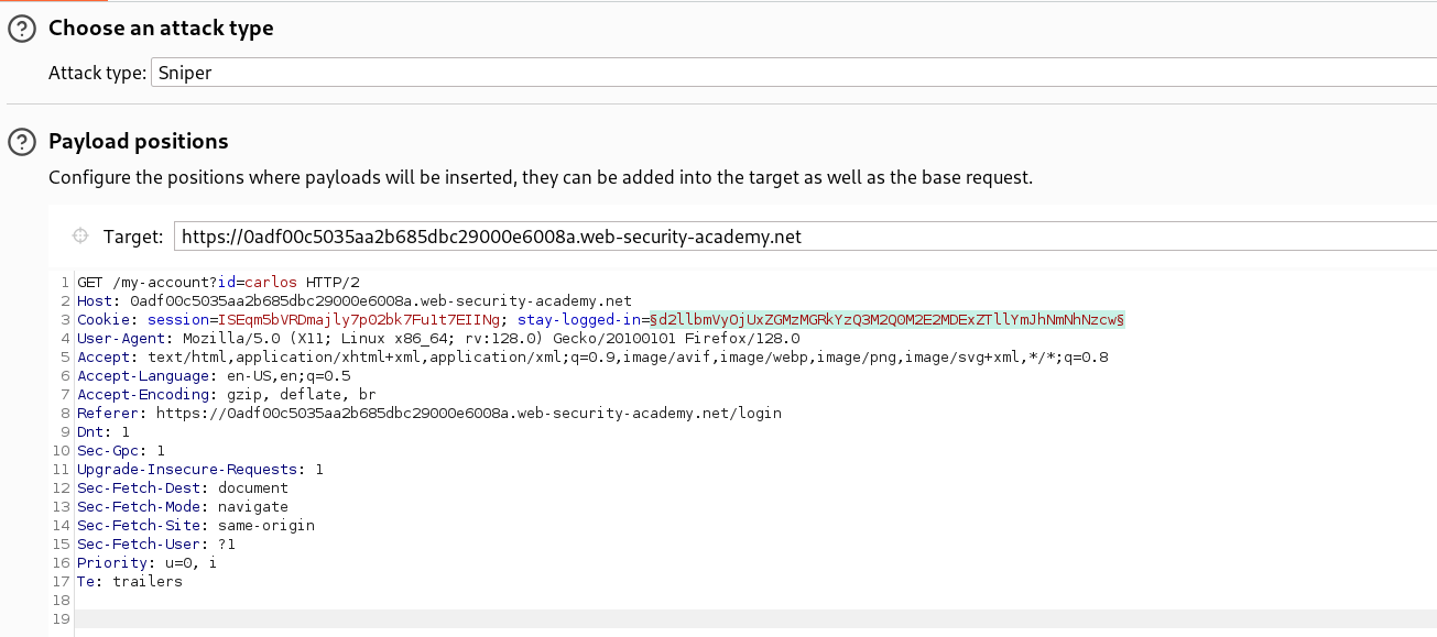 Burpsuite Intruder Tab with payload markers placed on stay-logged-in cookie value