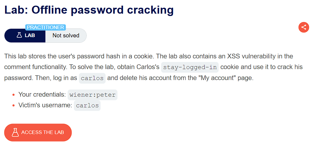 PortSwigger lab description page for Authentication - Offline password cracking