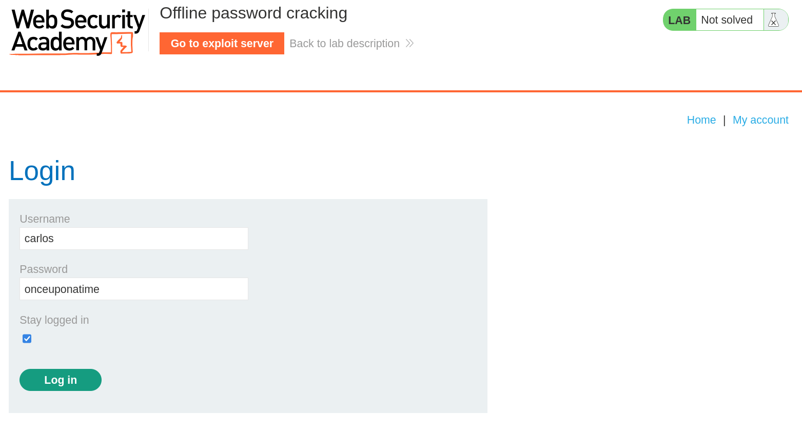 PortSwigger lab login with cracked credentials for carlos account