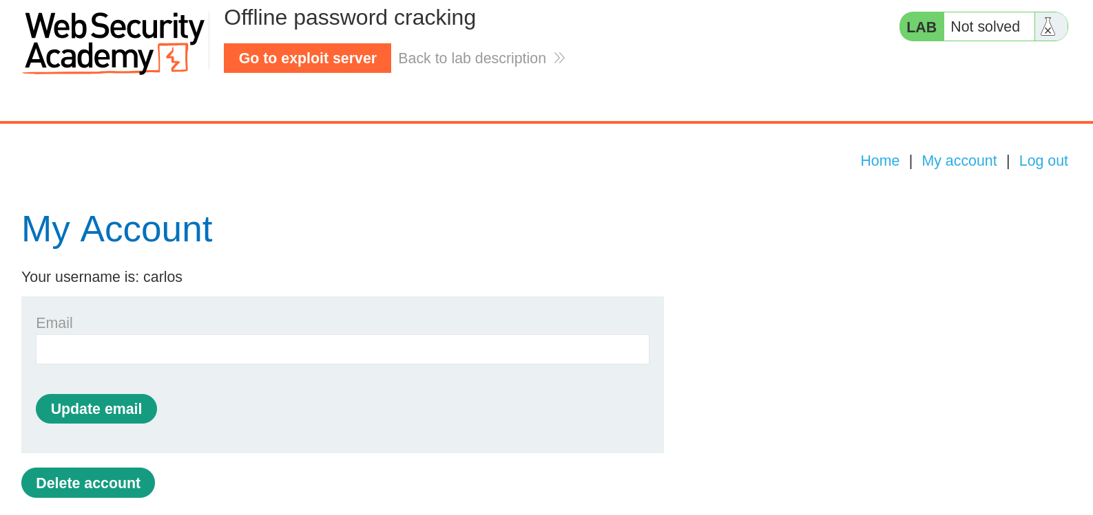 Delete account button on My account page to solve the lab