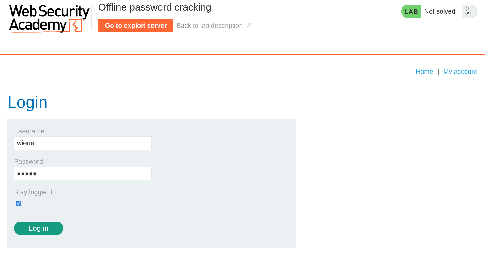 PortSwigger lab login form with stay-logged-in checkbox option