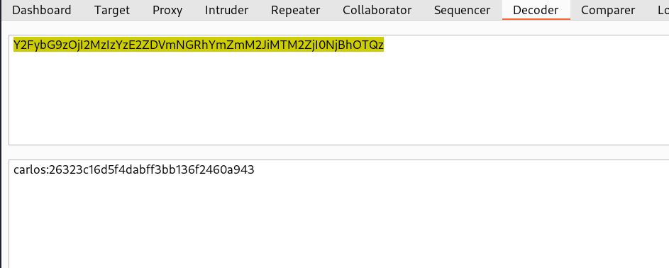 Burpsuite Decoder decoding base64-encoded stay-logged-in cookie value