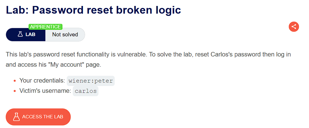 PortSwigger lab description page for Authentication - Password reset broken logic