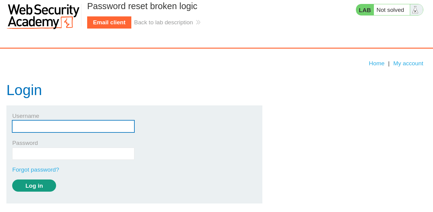 Login page of PortSwigger password reset lab instance
