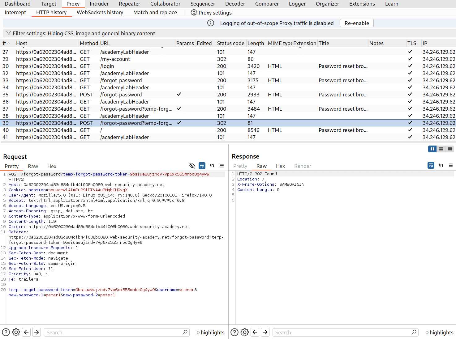 Burpsuite HTTP History showing password reset request with token parameter