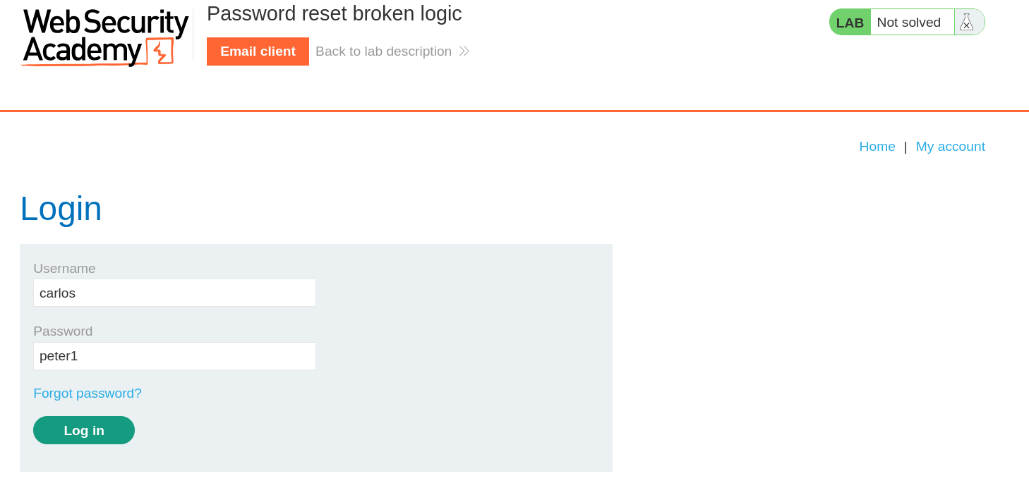 PortSwigger lab login form with carlos credentials after password reset