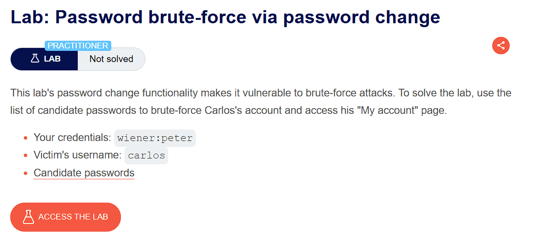 PortSwigger lab description page for Authentication - Password brute-force via password change