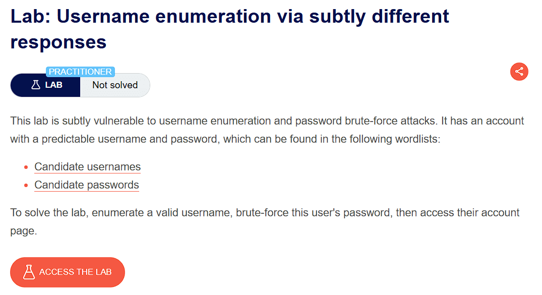 PortSwigger lab banner: Username enumeration via subtly different responses