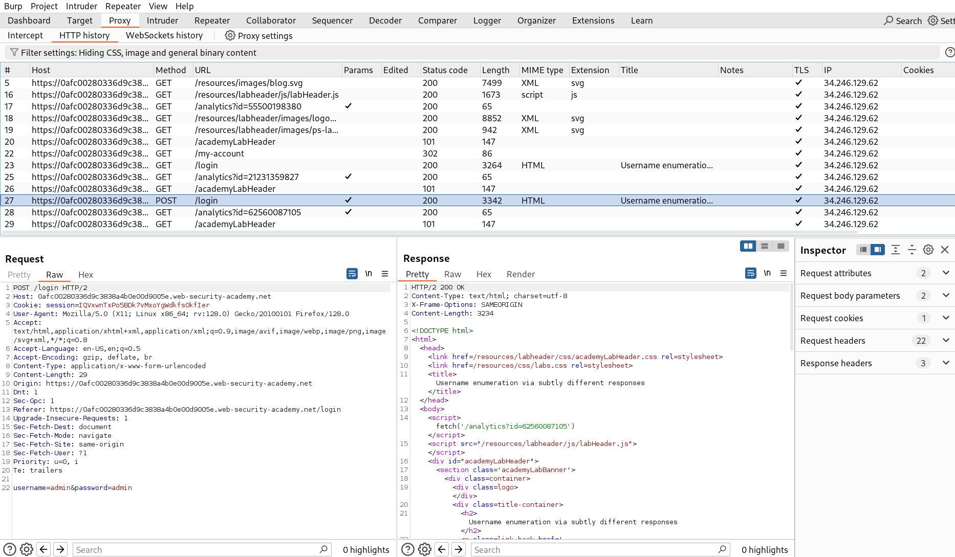 Burp Suite proxy capture of POST /login request