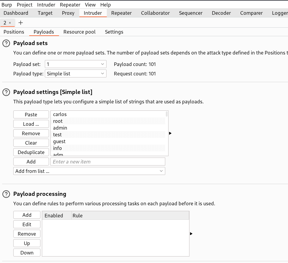 Intruder payloads: candidate usernames list