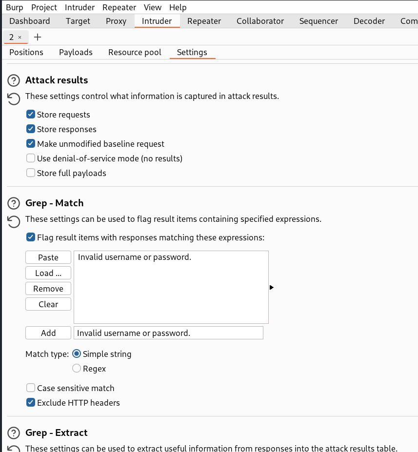 Intruder grep-match configuration for invalid credentials string