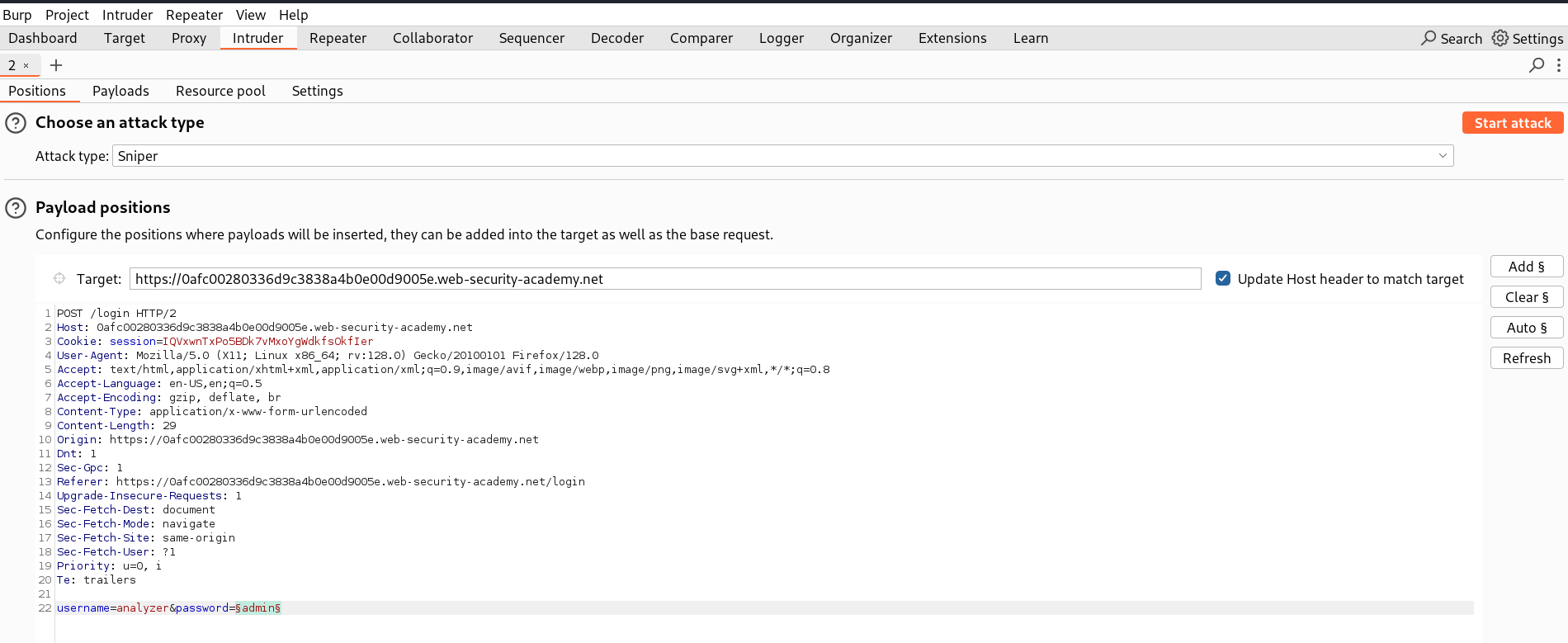 Intruder marker set on password field for brute-force