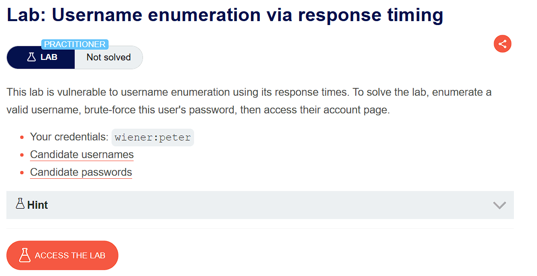 PortSwigger lab banner: Username enumeration via response timing