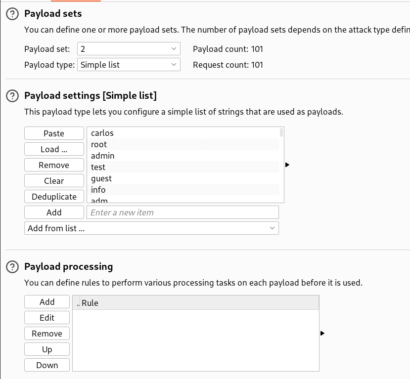 Intruder payloads: candidate usernames list