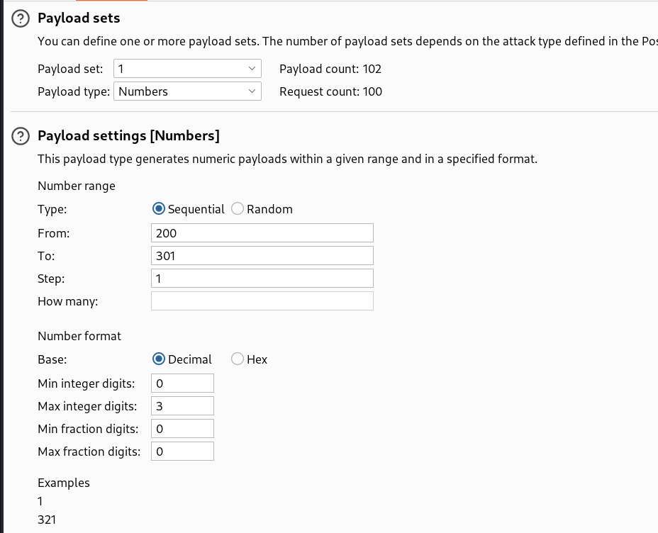Intruder payloads numbers for password length range
