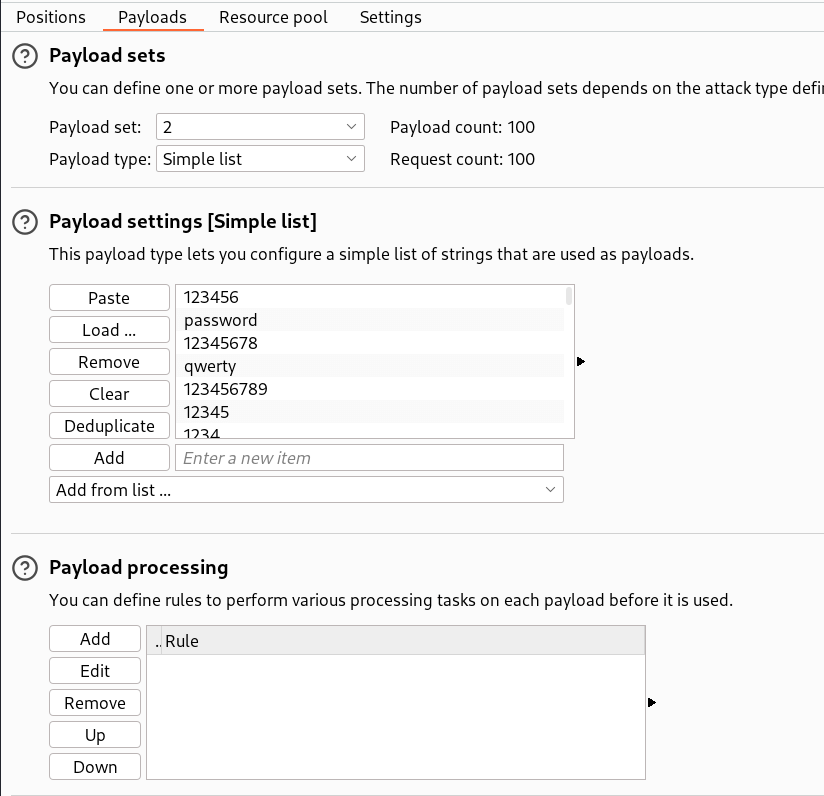 Intruder payloads: candidate passwords list