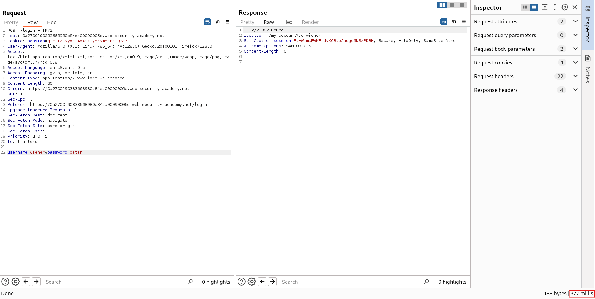 Repeater response timing for successful login (wiener)