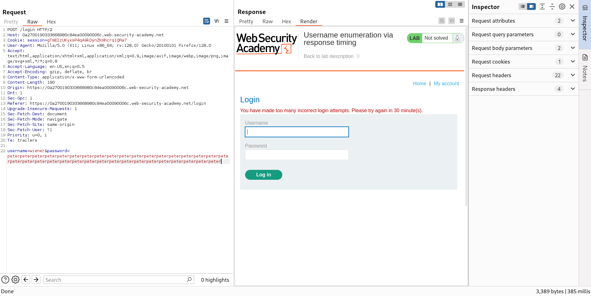 Repeater request with long incorrect password to increase hash time