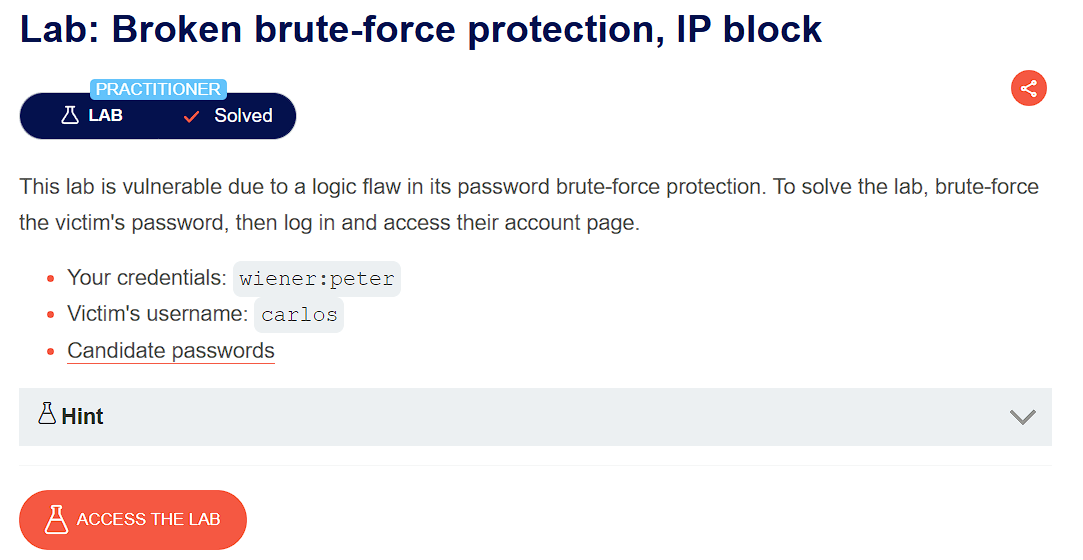 PortSwigger lab banner: Broken Brute-Force Protection, IP Block