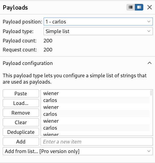 Intruder payloads: generated usernames (user.txt) for reset strategy