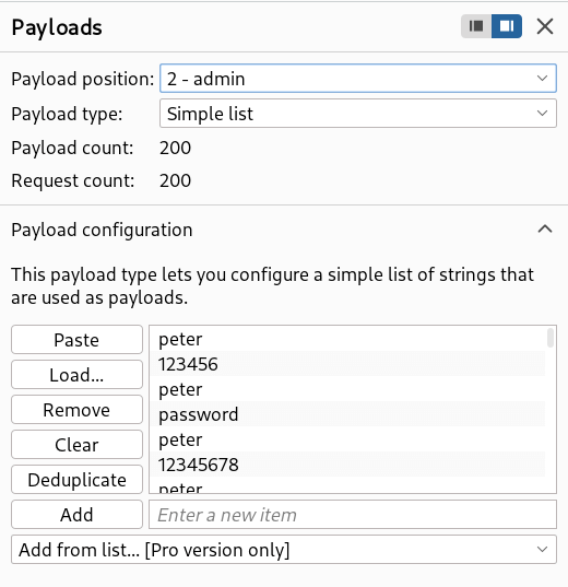 Intruder payloads: generated passwords (pass2.txt) for reset strategy