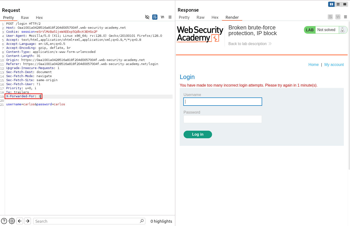 Attempt to bypass rate limiting using X-Forwarded-For header in Repeater