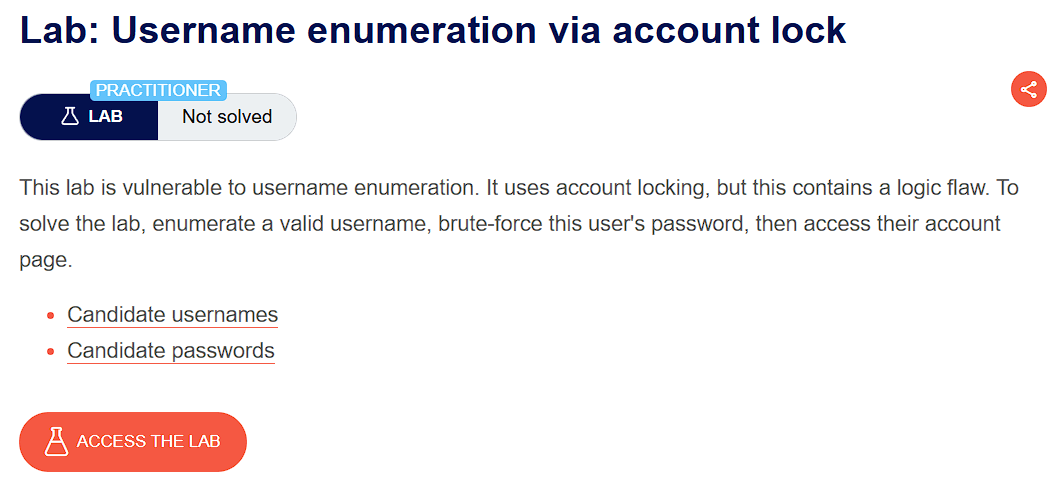 PortSwigger lab banner: Username enumeration via account lock