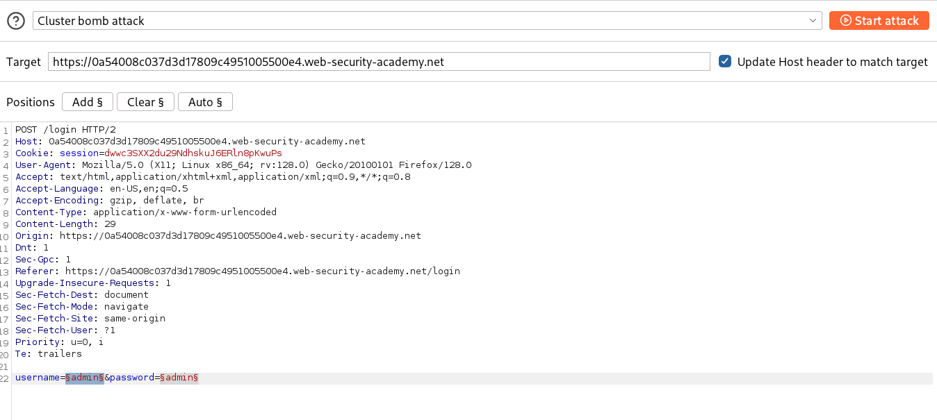 Intruder setup with Cluster Bomb markers on username and password
