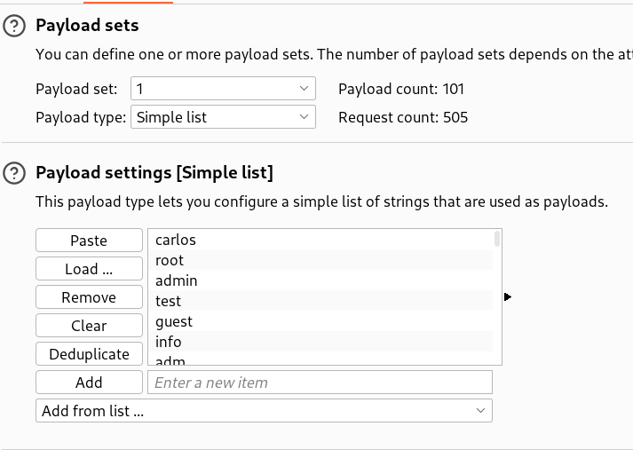 Intruder payloads: candidate usernames list