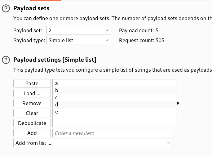 Intruder payloads: sample 5-letter payloads to trigger account lock