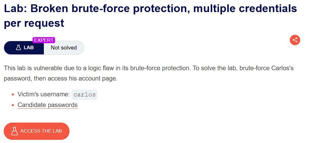 PortSwigger lab banner: Broken brute-force protection — multiple credentials per request