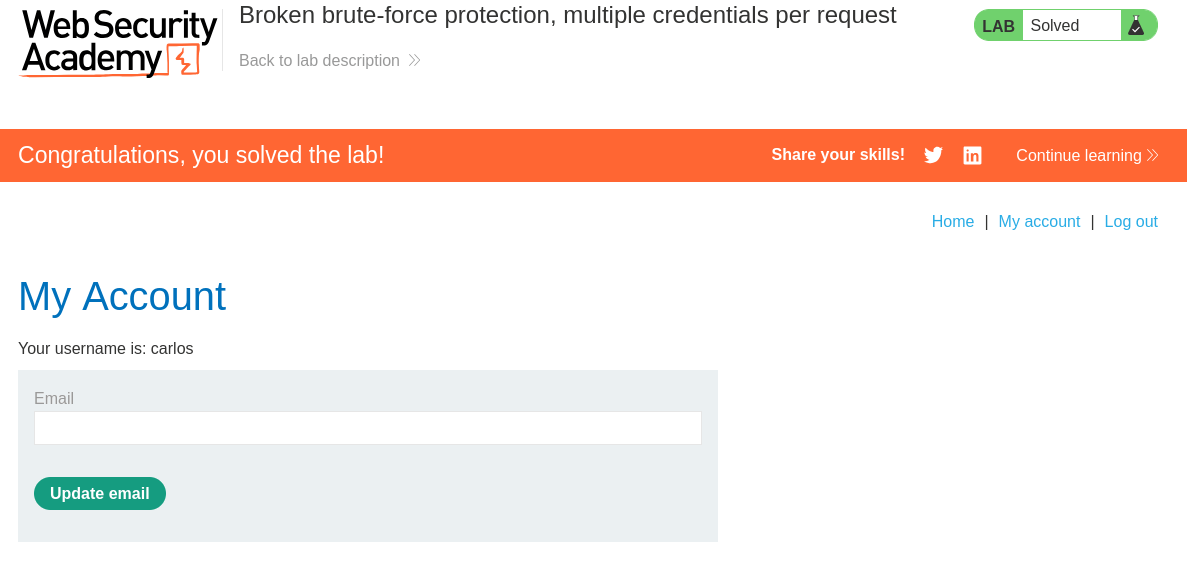 Browser view of account page after successful JSON multi-password login