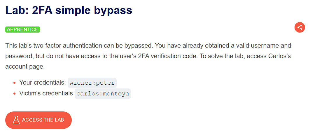 PortSwigger lab banner: 2FA simple bypass by URL manipulation