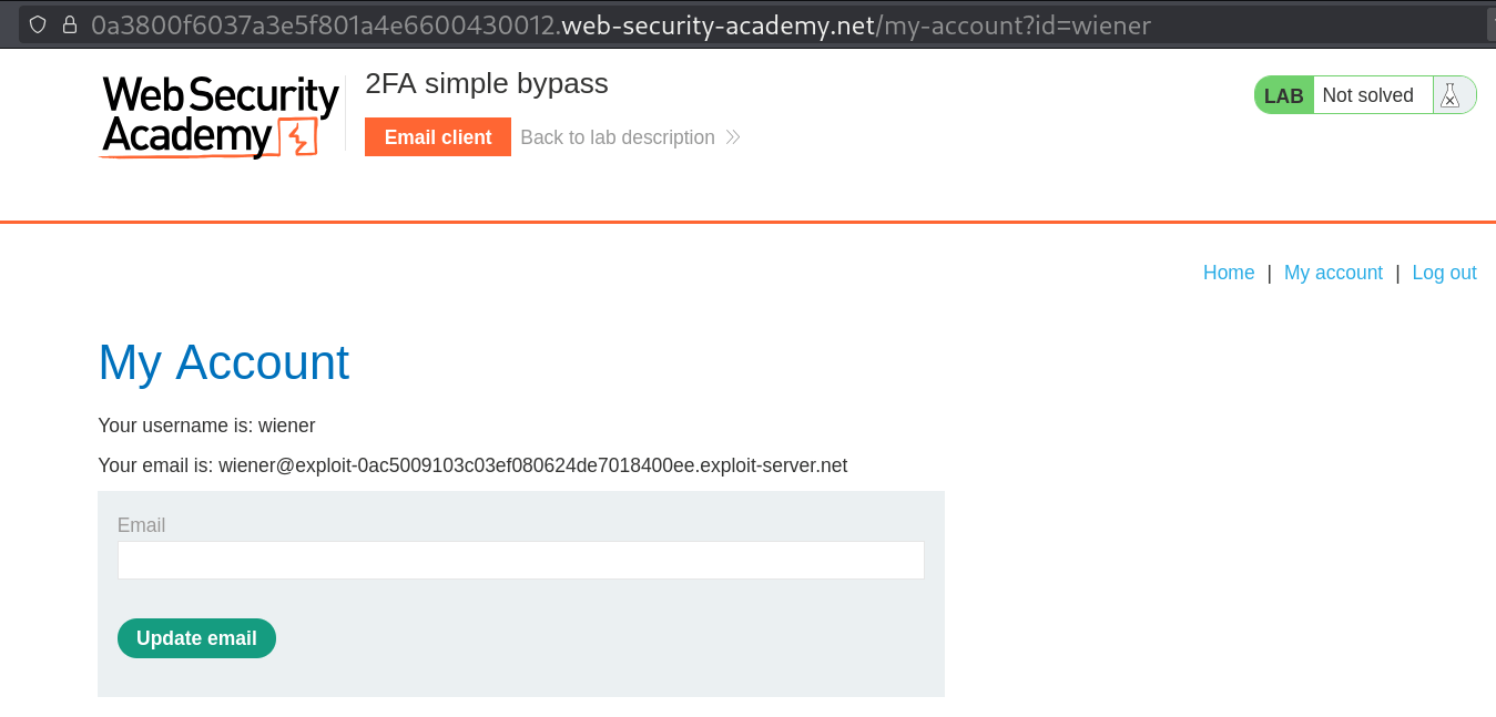 Account page after successful 2FA for wiener