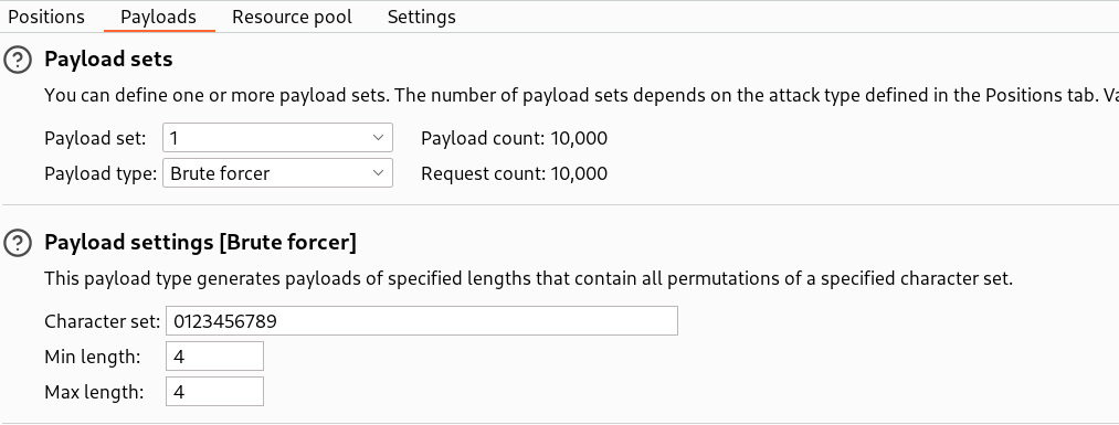 Intruder brute-force settings: digits charset 0-9 and length 4